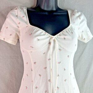 Cottagecore Y2K Floral Milkmaid Mini Dress Divided‎ Ribbed Sweetheart Neck Sz XS
